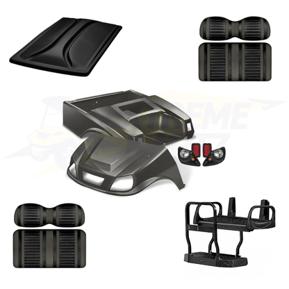 Club Car DS Spartan 5pc Upgrade Kit:
Body Kit - Graphite, Extreme Seat - Black/Graphite, 80" Top -  Black, Rear Seat Kit - Max5 (without cupholder)