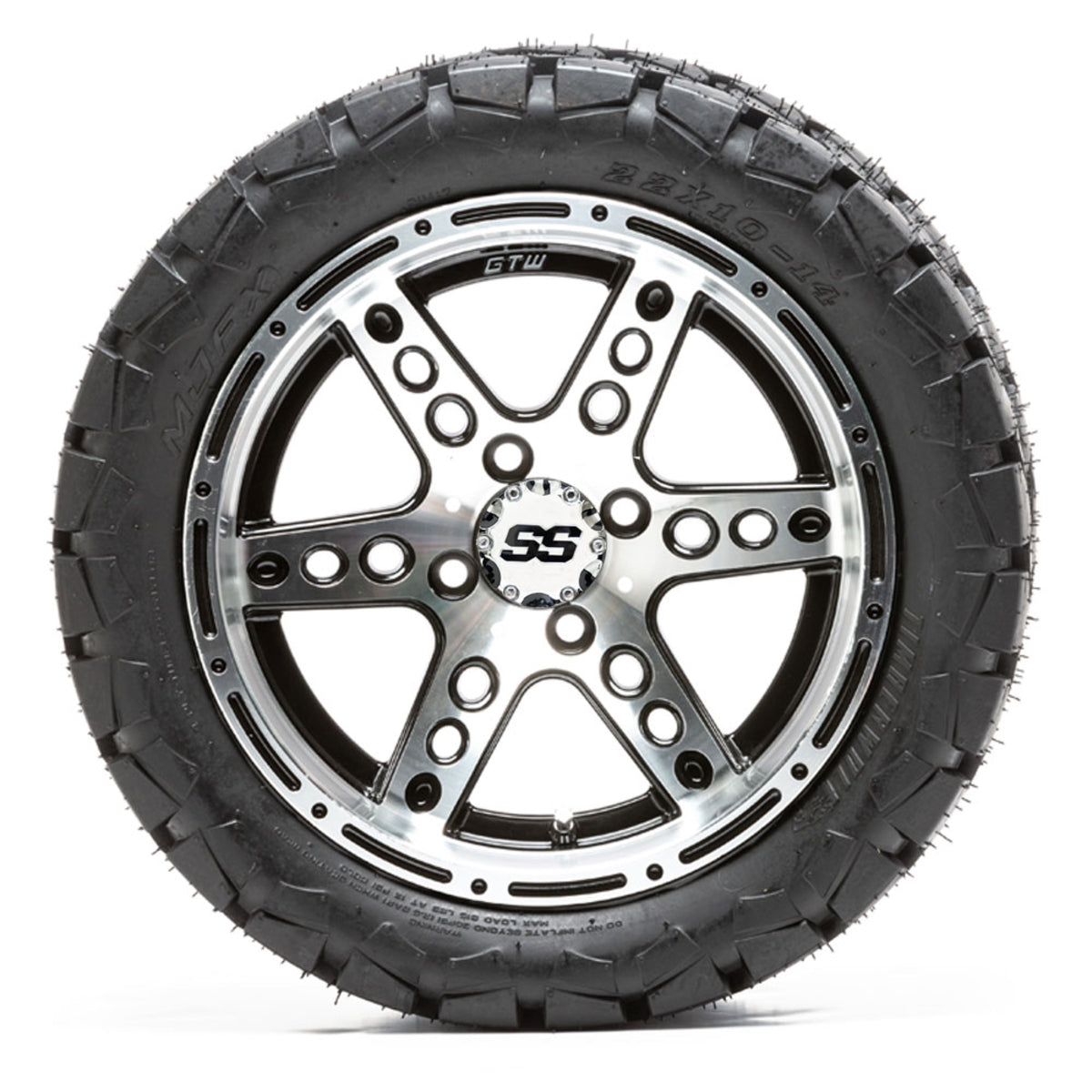 14” GTW Dominator Black and Machined Wheels with 22” Timberwolf Mud Tires – Set of 4