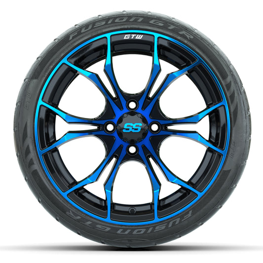 Set of (4) 15″ GTW Spyder Blue/Black Wheels with 215/40-R15 Fusion GTR Street Tires