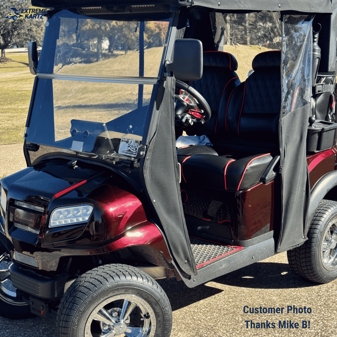 Lazy Life Exclusive Highback Front Seat installed on a golf cart with enclosure. Customer photo.