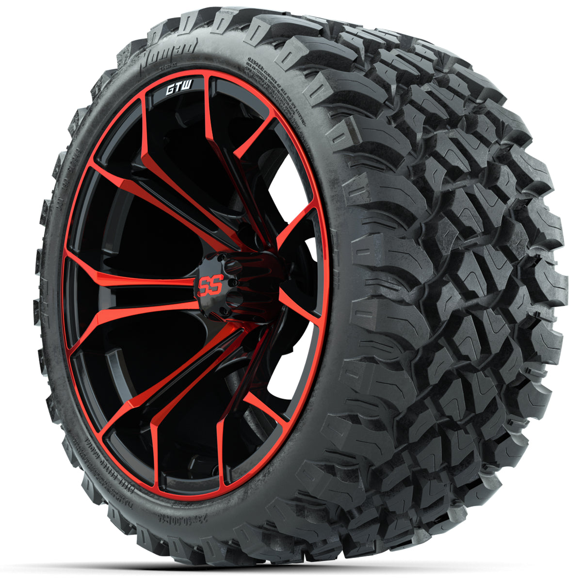 Set of (4) 15" GTW Spyder Red/Black Wheels with 23x10-R15 Nomad All-Terrain Tires