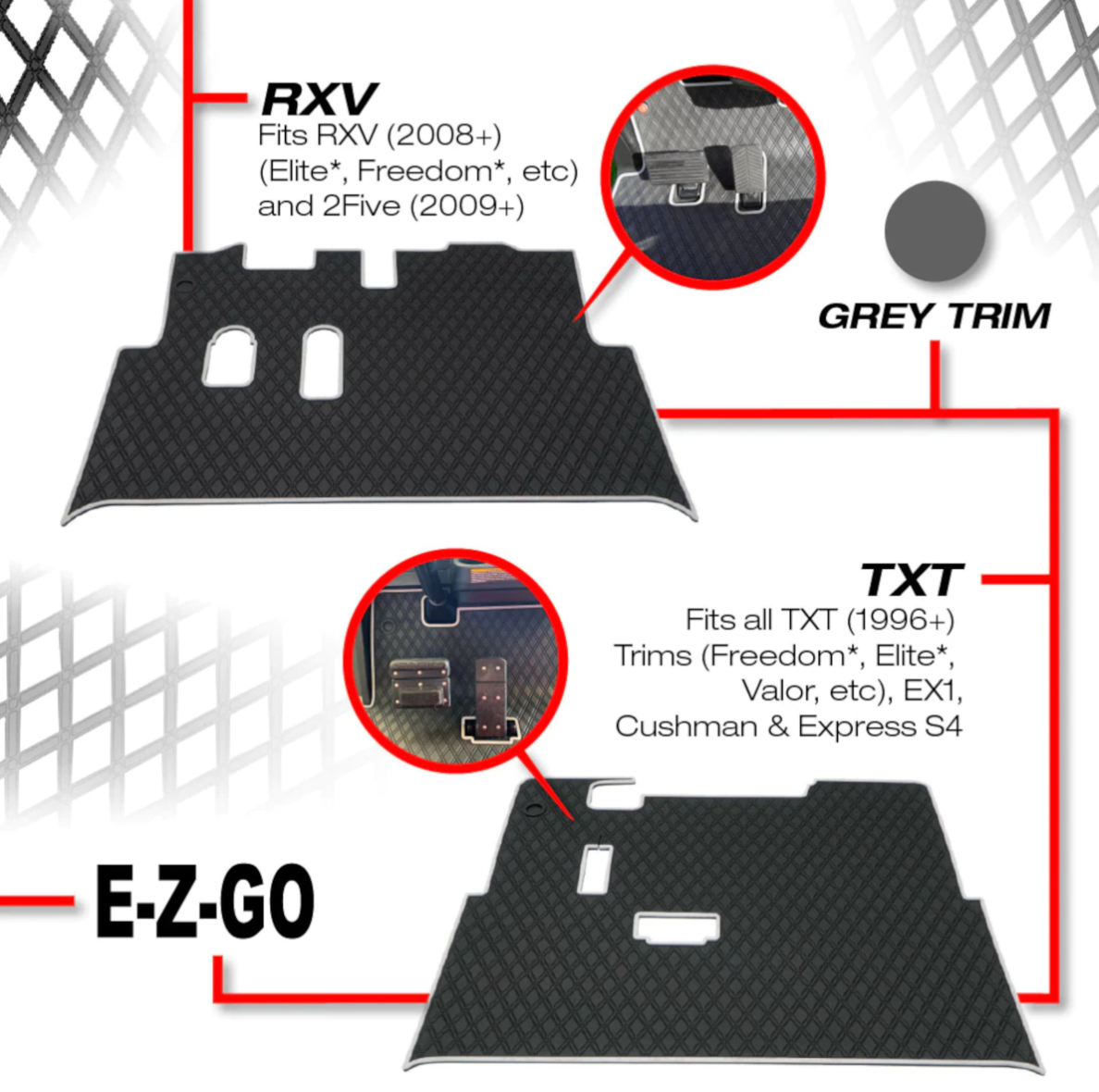 Xtreme Floor Mats for EZGO TXT / Workhorse / Express S4 / Valor / Cushman / Navitas (TXT Frame) - Black/Red