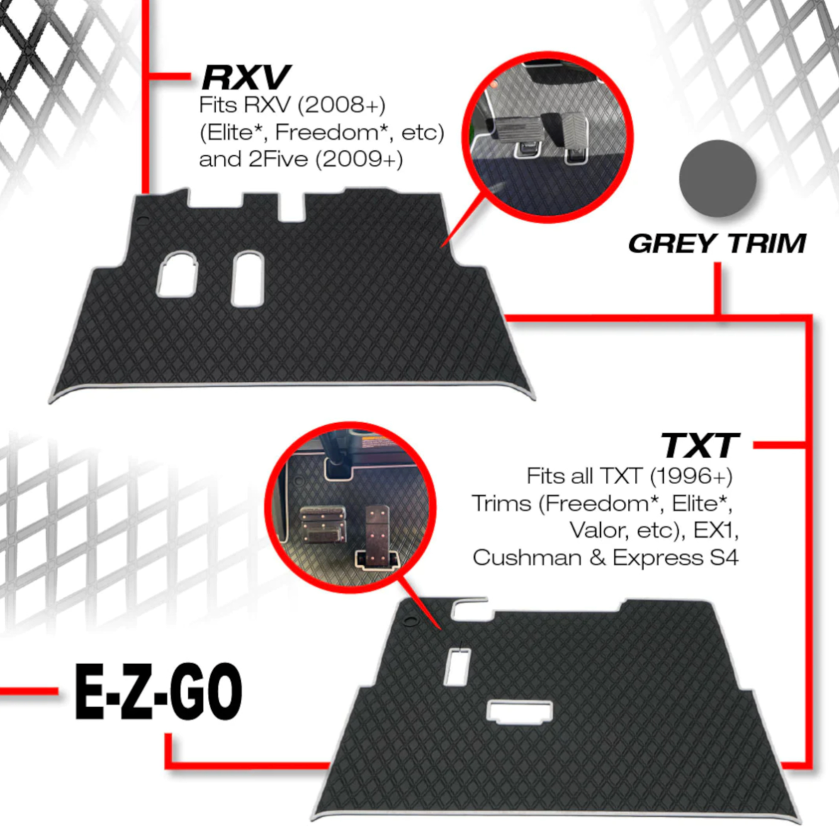 Xtreme Floor Mats for EZGO TXT / Workhorse / Express S4 / Valor / Cushman / Navitas (TXT Frame) - Black/Grey