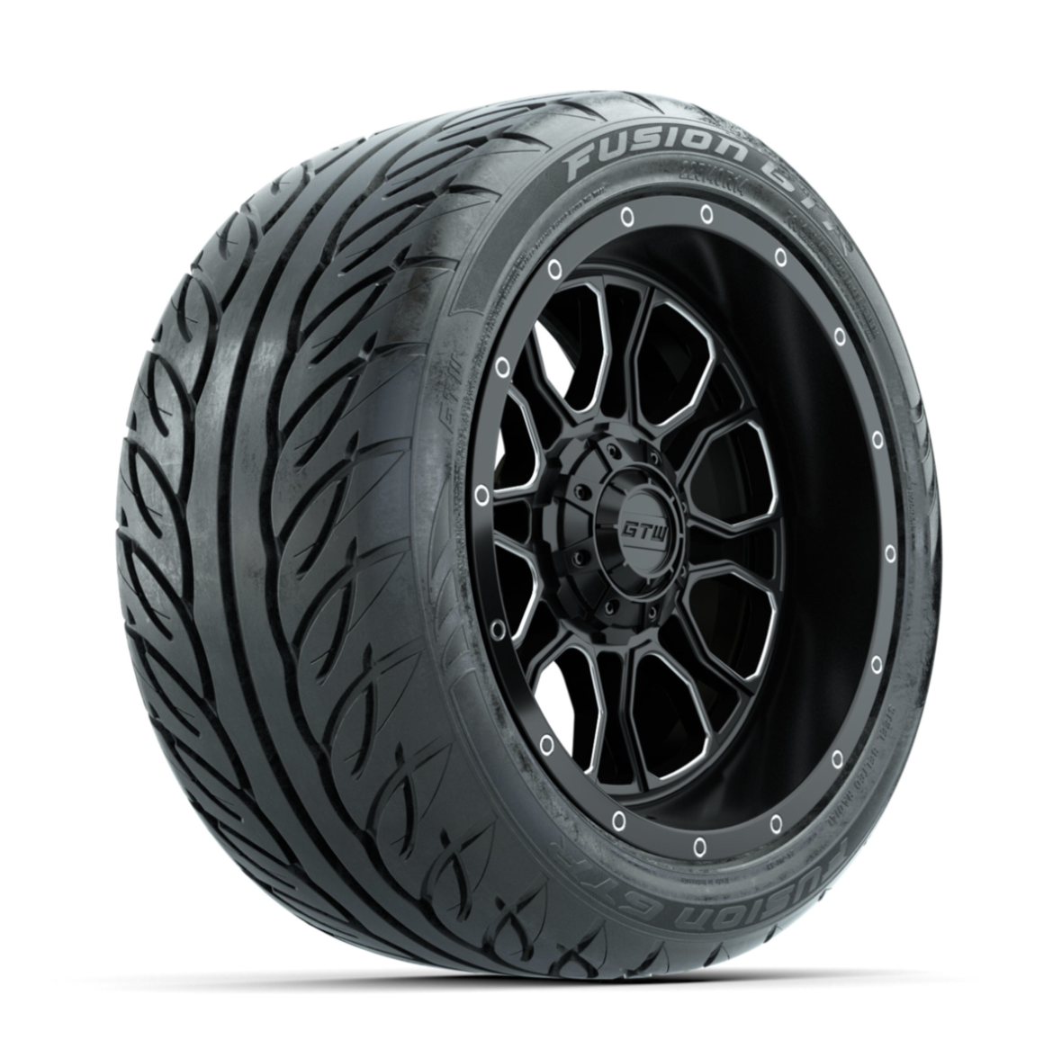 GTW Volt Machined/Black 14 in Wheels with 225/40-R14 Fusion GTR Street Tires – Full Set