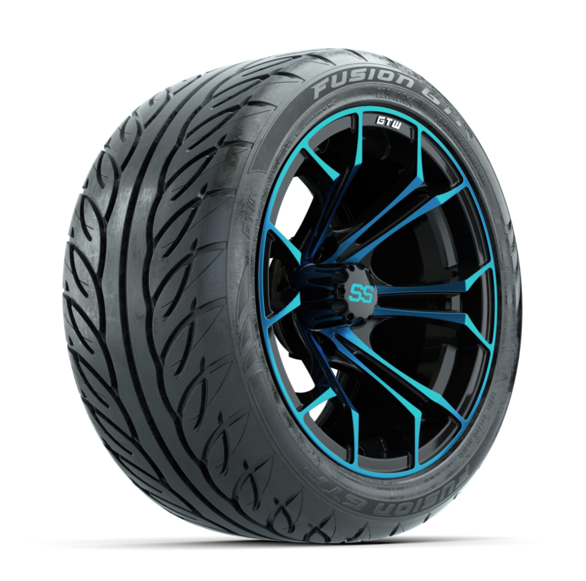 GTW Spyder Blue/Black 14 in Wheels with 225/40-R14 Fusion GTR Street Tires – Full Set