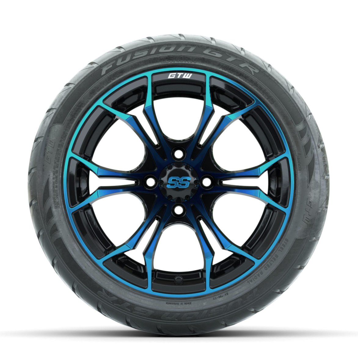 GTW Spyder Blue/Black 14 in Wheels with 225/40-R14 Fusion GTR Street Tires – Full Set