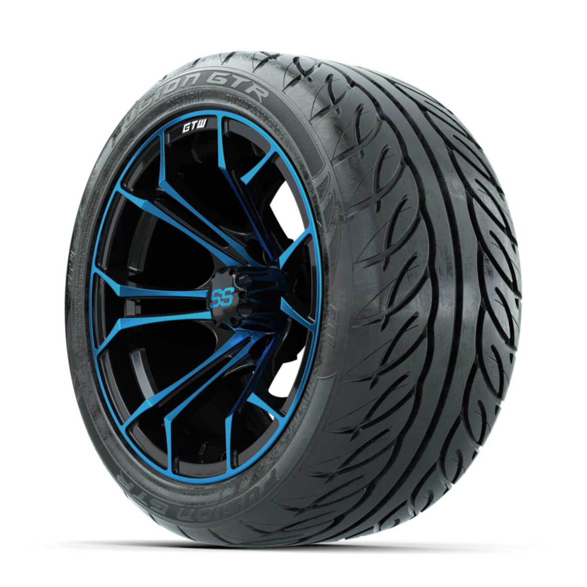 GTW Spyder Blue/Black 14 in Wheels with 225/40-R14 Fusion GTR Street Tires – Full Set