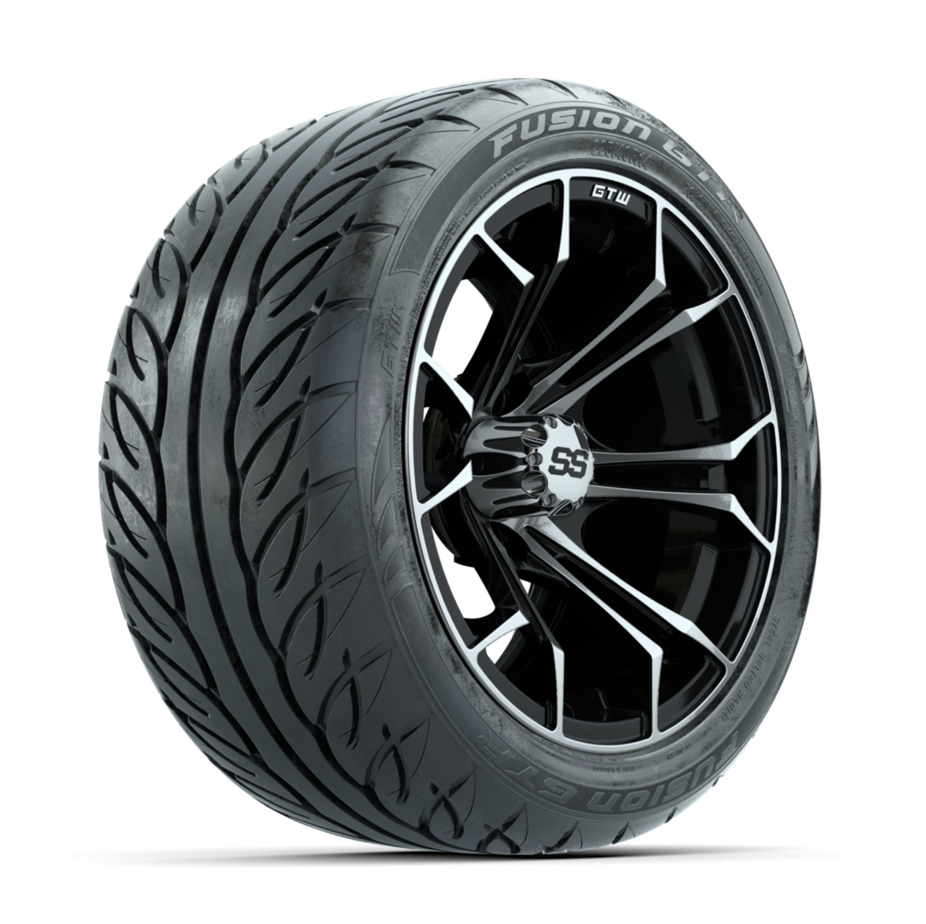 GTW Spyder Machined/Black 14 in Wheels with 225/40-R14 Fusion GTR Street Tires – Full Set