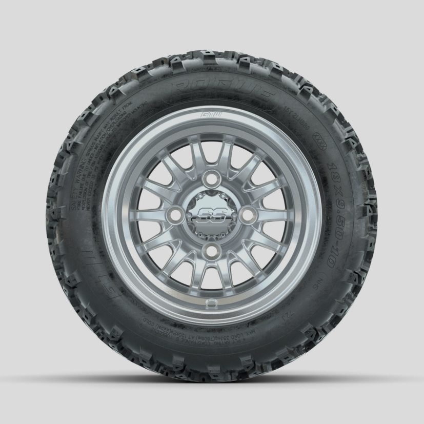 GTW Medusa Machined/Silver 10 in Wheels with 18x9.50-10 Rogue All Terrain Tires – Full Set