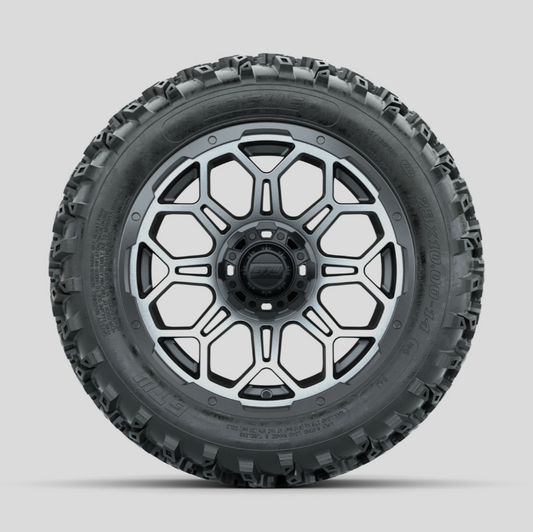 GTW Bravo Machined/Matte Grey 14 in Wheels with 23x10.00-14 Rogue All Terrain Tires – Full Set