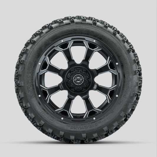 GTW Raven Ball Milled/Matte Black 14 in Wheels with 23x10.00-14 Rogue All Terrain Tires – Full Set