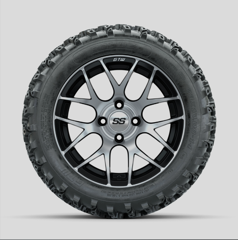 GTW Pursuit Machined/Black 14 in Wheels with 23x10.00-14 Rogue All Terrain Tires  Full Set