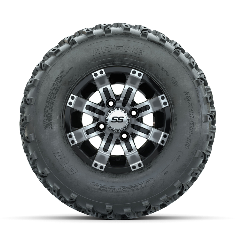 GTW Tempest Machined/Black 10 in Wheels with 22x11.00-10 Rogue All Terrain Tires – Full Set