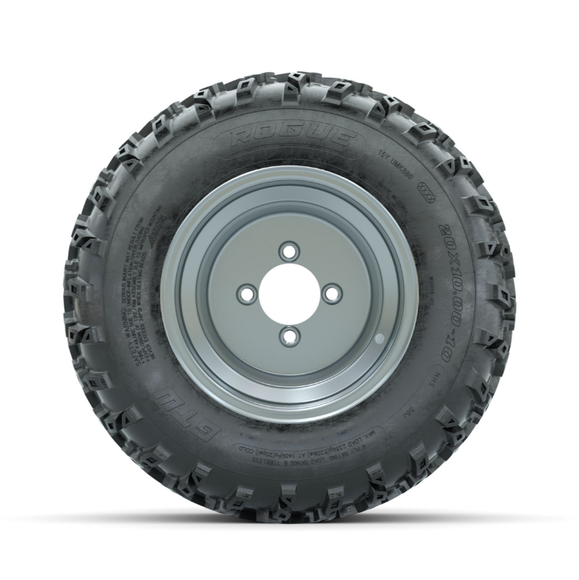 GTW Steel Silver 3:5 Offset 10 in Wheels with 20x10.00-10 Rogue All Terrain Tires – Full Set