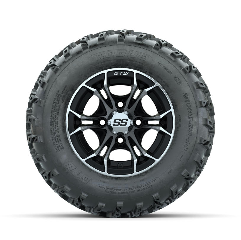 GTW Spyder Machined/Black 10 in Wheels with 20x10.00-10 Rogue All Terrain Tires – Full Set