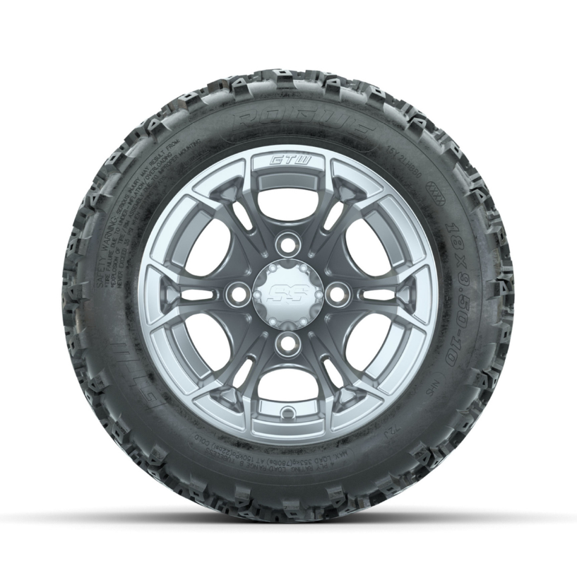 GTW Spyder Silver 10 in Wheels with 18x9.50-10 Rogue All Terrain Tires  Full Set