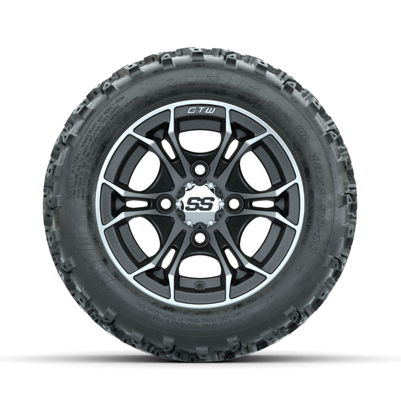 GTW Spyder Machined/Matte Grey 10 in Wheels with 18x9.50-10 Rogue All Terrain Tires  Full Set