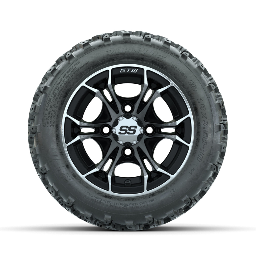 GTW Spyder Machined/Black 10 in Wheels with 18x9.50-10 Rogue All Terrain Tires – Full Set