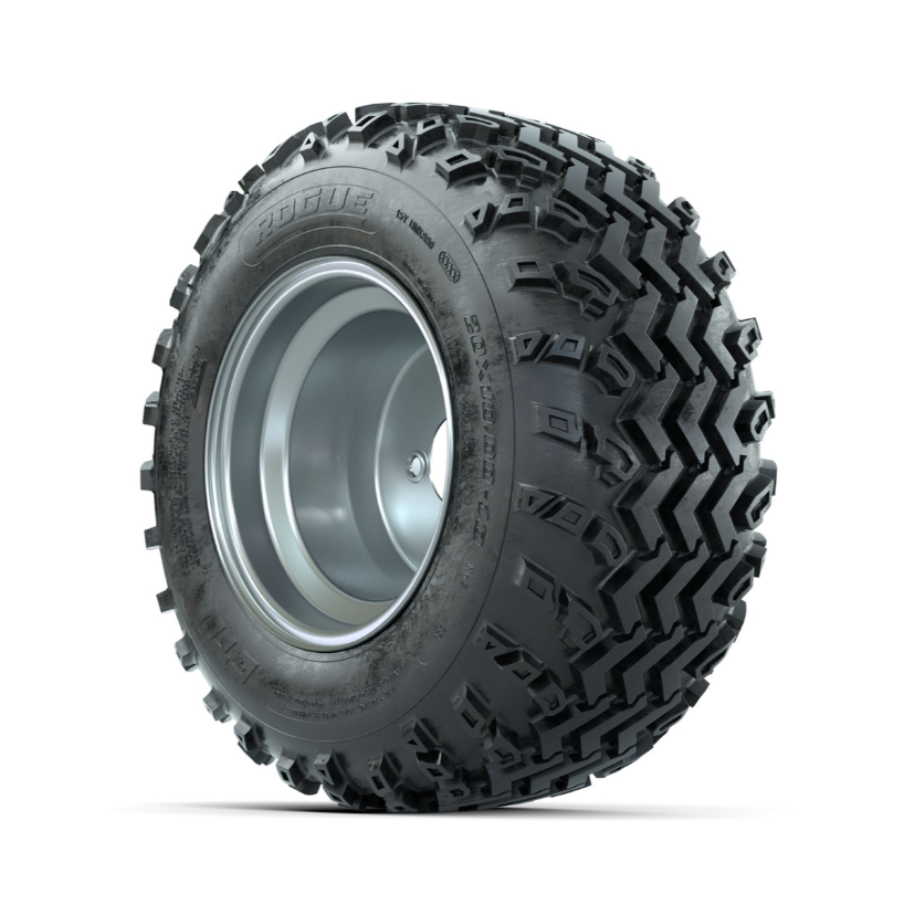 GTW Steel Silver 3:5 Offset 10 in Wheels with 20x10.00-10 Rogue All Terrain Tires – Full Set