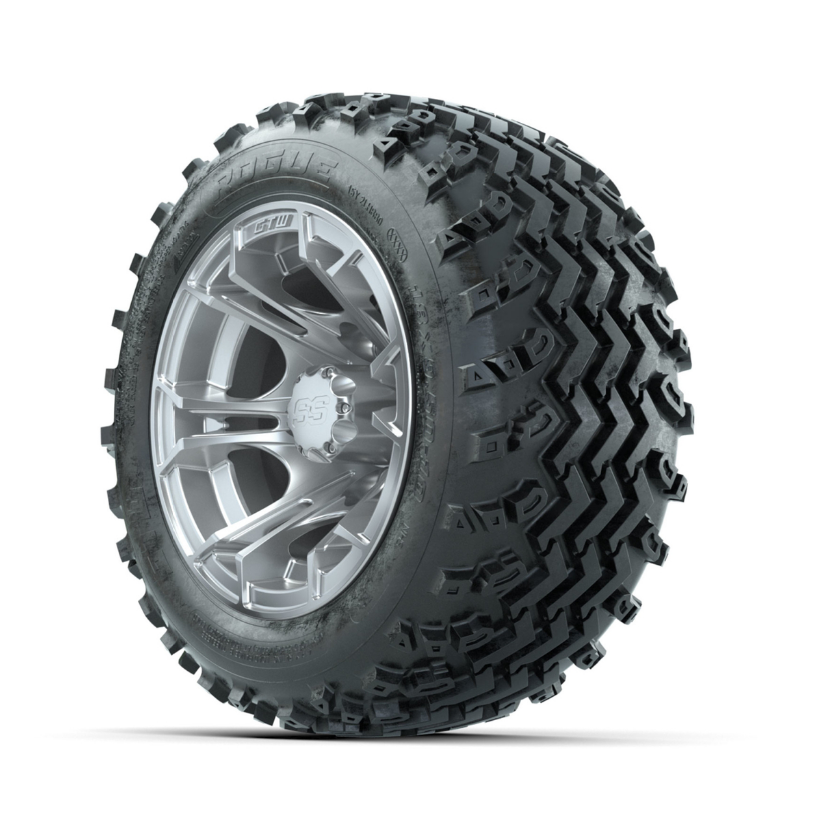 GTW Spyder Silver 10 in Wheels with 18x9.50-10 Rogue All Terrain Tires – Full Set