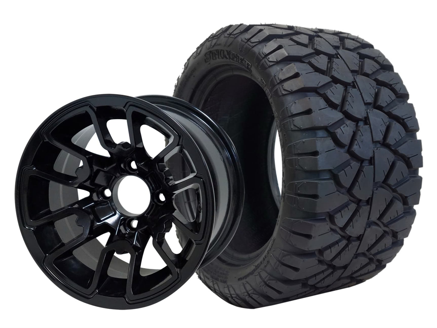 SGC 12" Lizard Glossy Black Wheel and 22x10.5-12 STINGER All Terrain Tire Combo
