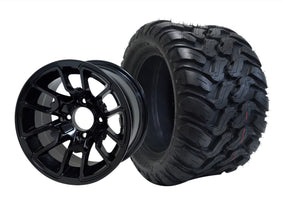 12" SGC Lizard Glossy Black STEELENG 22"x11"-12" Mud/All-Terrain Tire DOT Approved - Golf Cart Wheel & Tire Combo