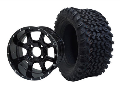 SGC 12" Night Stalker Glossy Black Wheel - Aluminum Alloy STEELENG 23"x10.5"-12" All Terrain Tire  - SET of 4