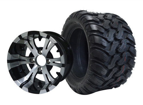 SGC 12" Vampire Machined/Black Wheel - Aluminum Alloy  STEELENG 22"x11"-12" Mud Terrain / All Terrain Tire DOT approved - SET of 4