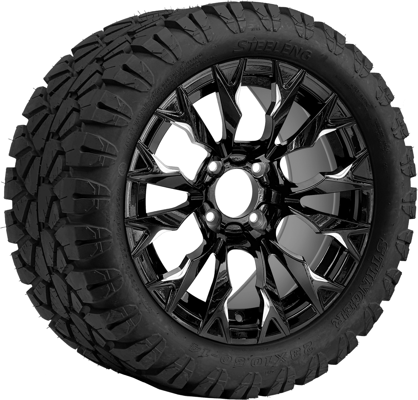 14" BEAST Goblin Machined Black with 23x10.5-14 STINGER All-Terrain - Golf Cart Wheel & Tire Combo