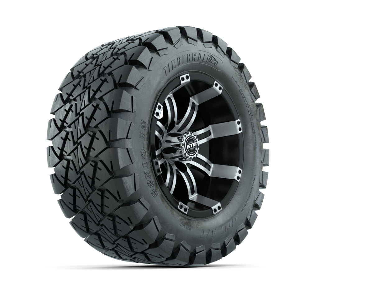 12” GTW Tempest Black and Machined Wheels with 22” Timberwolf Mud Tires – Set of 4