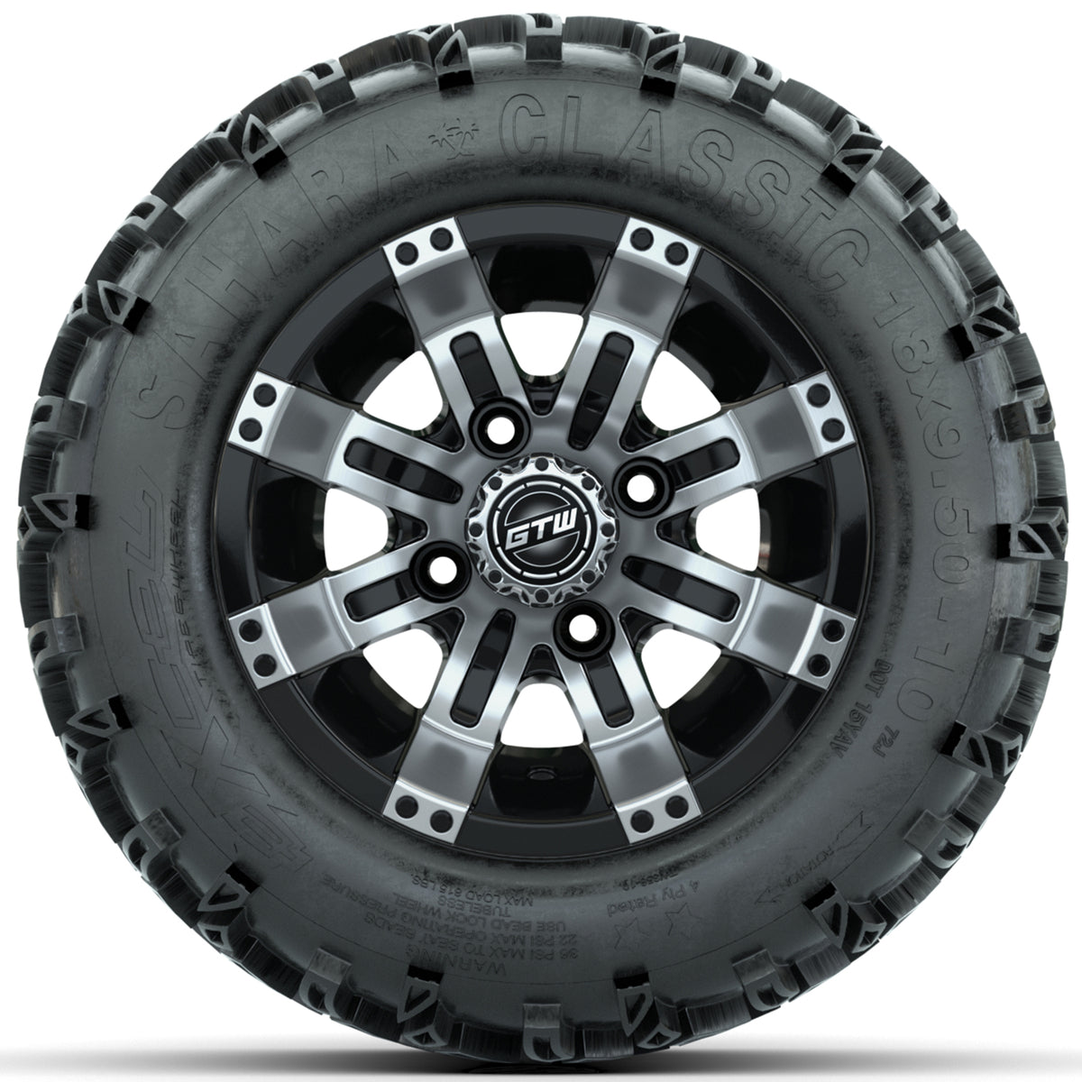 Set of (4) 10 in GTW Tempest Wheels with 18x9.5-10 Sahara Classic All Terrain Tires