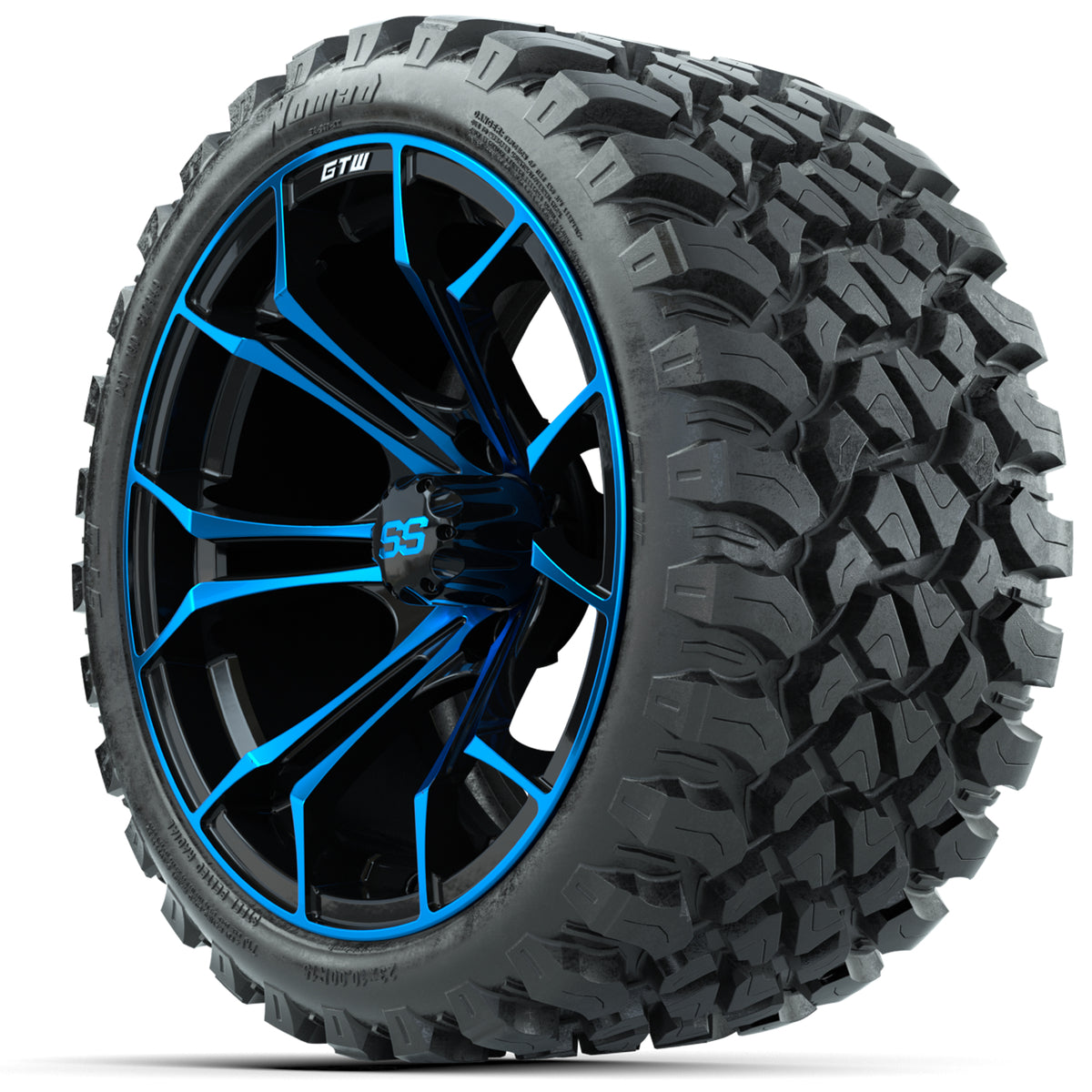 Set of (4) 15″ GTW Spyder Blue/Black Wheels with 23x10-R15 Nomad All-Terrain Tires