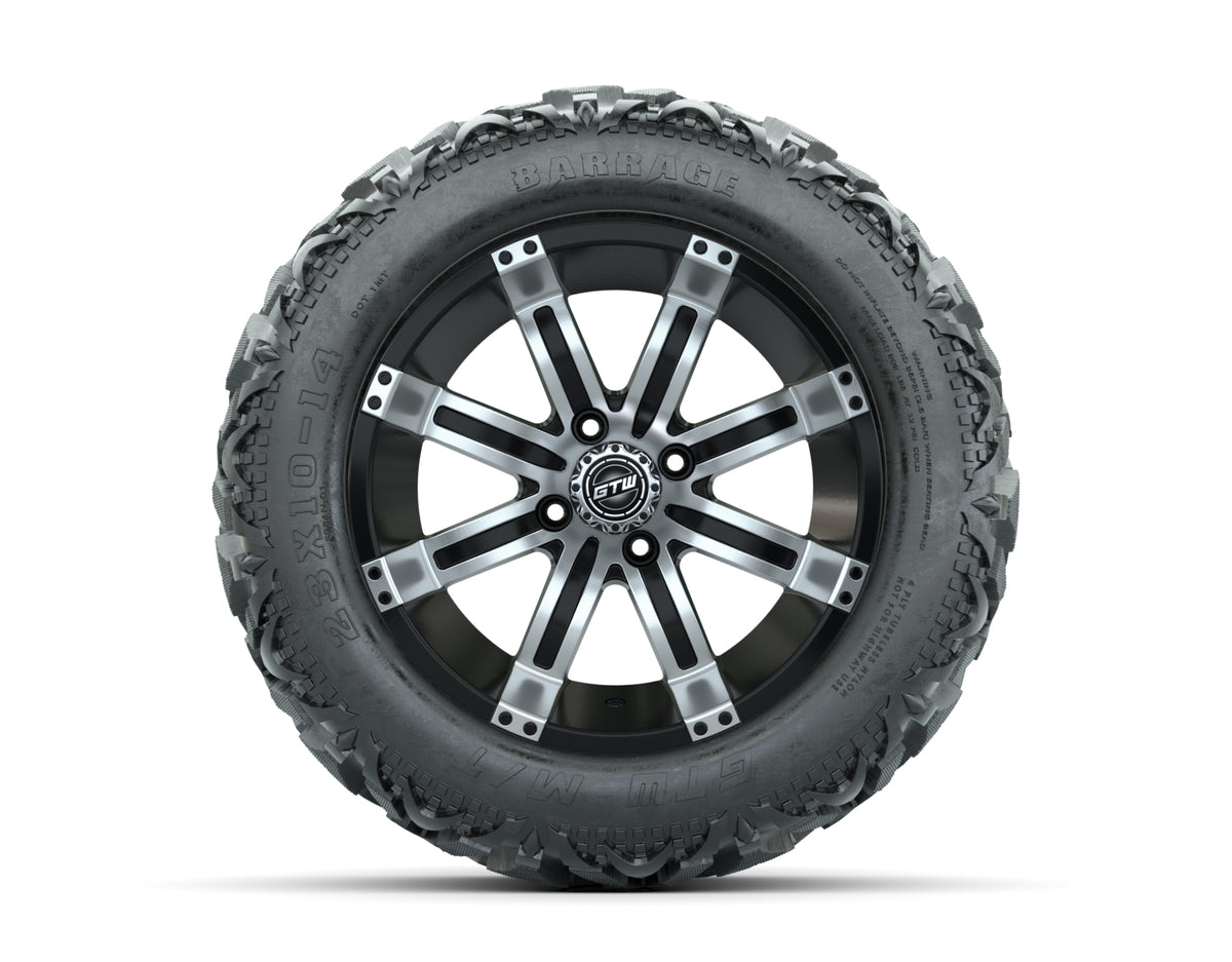 14 GTW Tempest Black and Machined Wheels with 23 Barrage Mud Tires  Set of 4