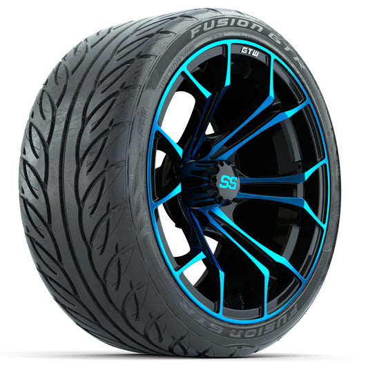 Set of (4) 15″ GTW Spyder Blue/Black Wheels with 215/40-R15 Fusion GTR Street Tires