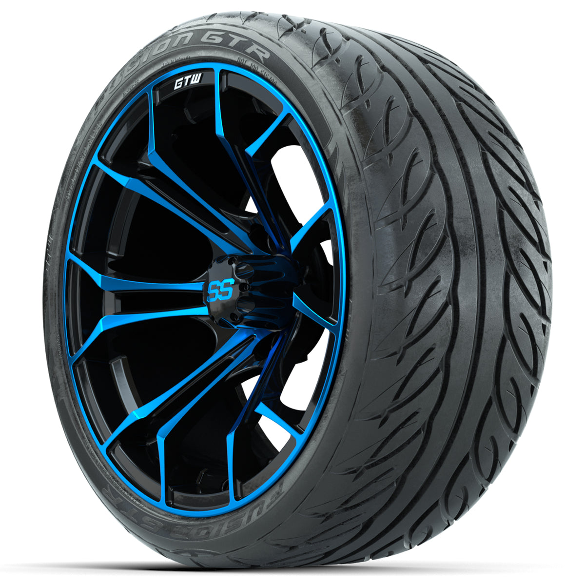 Set of (4) 15″ GTW Spyder Blue/Black Wheels with 215/40-R15 Fusion GTR Street Tires